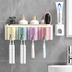 1 Set Toothbrush Holder with 4 Cups and Toothpaste Dispenser Creative Toothbrush Storage Rack and Mouthwash Cup Wall Mounted Bathroom Organizer