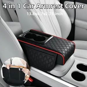 4 in 1 Universal Car Armrest Pad Center Console Box Cover Protector, 13.8*6.7*2.75 inch PU Leather Hand Rest Cushion with Cup Holder & 2 Pocket, Multifunctional Car Middle Center Console Armrest Cover Pad Mat Protector Top