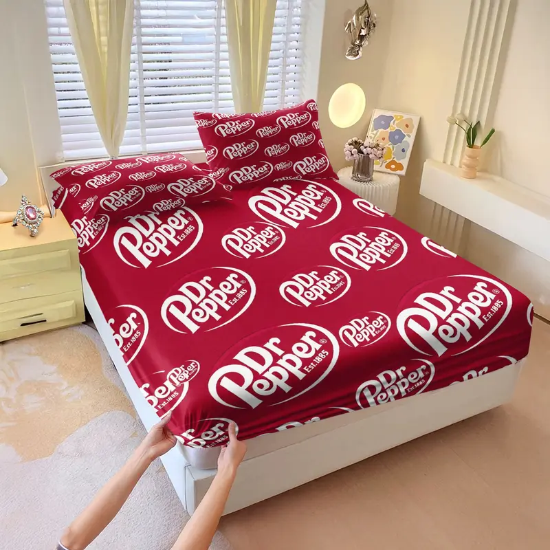 Dr Pepper Brand Full Print Fitted Sheet Set, 1 Fitted Sheet and 2 Pillowcases, Wine Red Color Base, Soft Skin-Friendly, Dustproof Anti-Wrinkle, Decorative Bedsheet Sets, Trendy Bedroom Decor for Boys and Girls