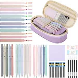 Cute School Supplies 44 count, Aesthetic Pencil Case with 12 Pastel Highlighters, 5 Black Gel Pens, 6 Color Gel Pens & Mechanical Pencils, College Essentials Students Stationary Set