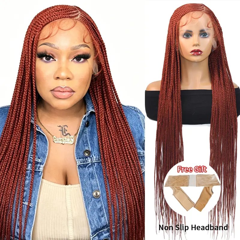 Synthetic Side Part Braided Wig For Women Color #350 Braid Lace Wig Cornrows Full Lace Wig With Baby Hair Lightweight 36Inch