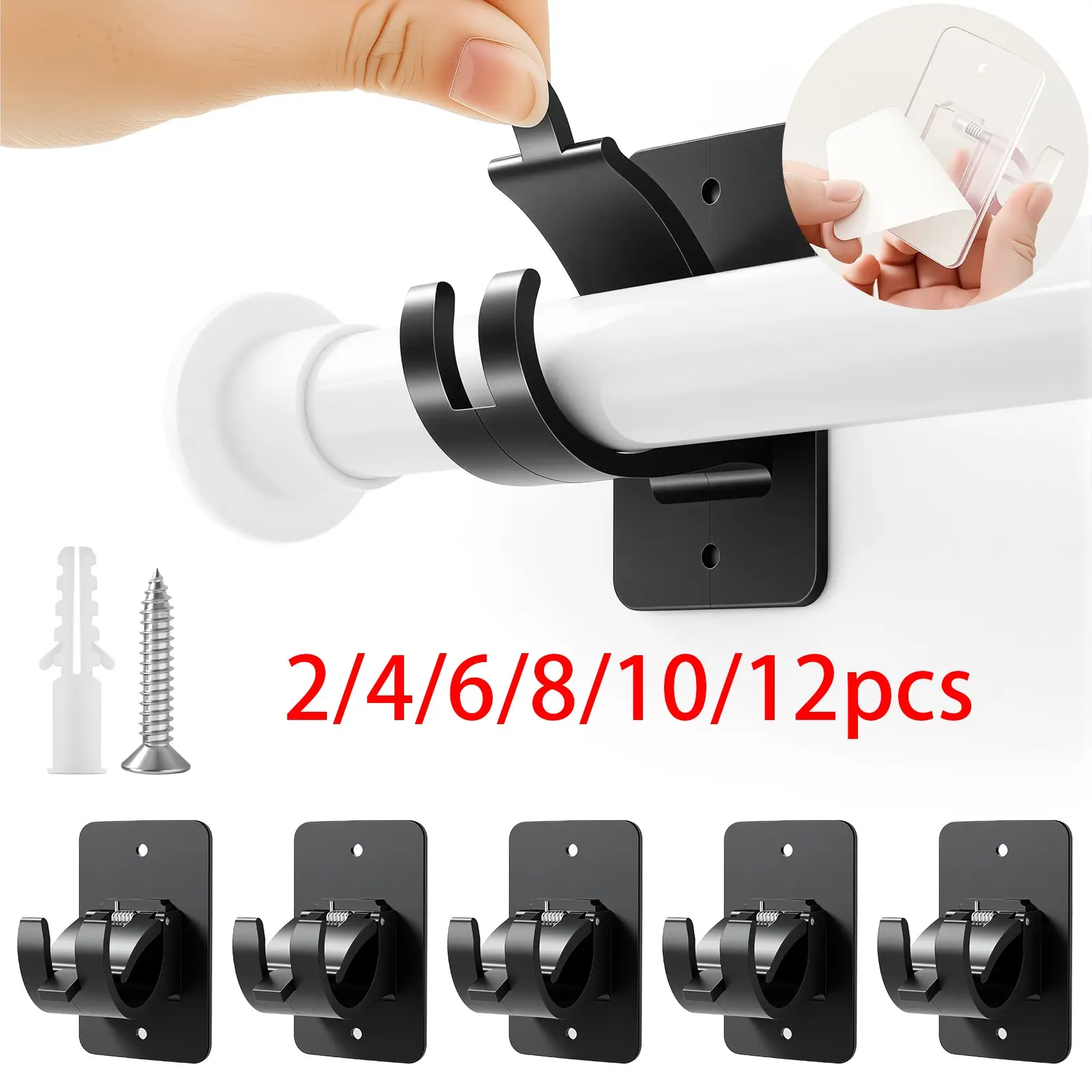 Upgraded Adhesive & Drillable Curtain Rod Hooks, Curtain Rod Holders, Universal Adjustable Nail Brackets, Wall Mount for Bathroom Bedroom Living Room
