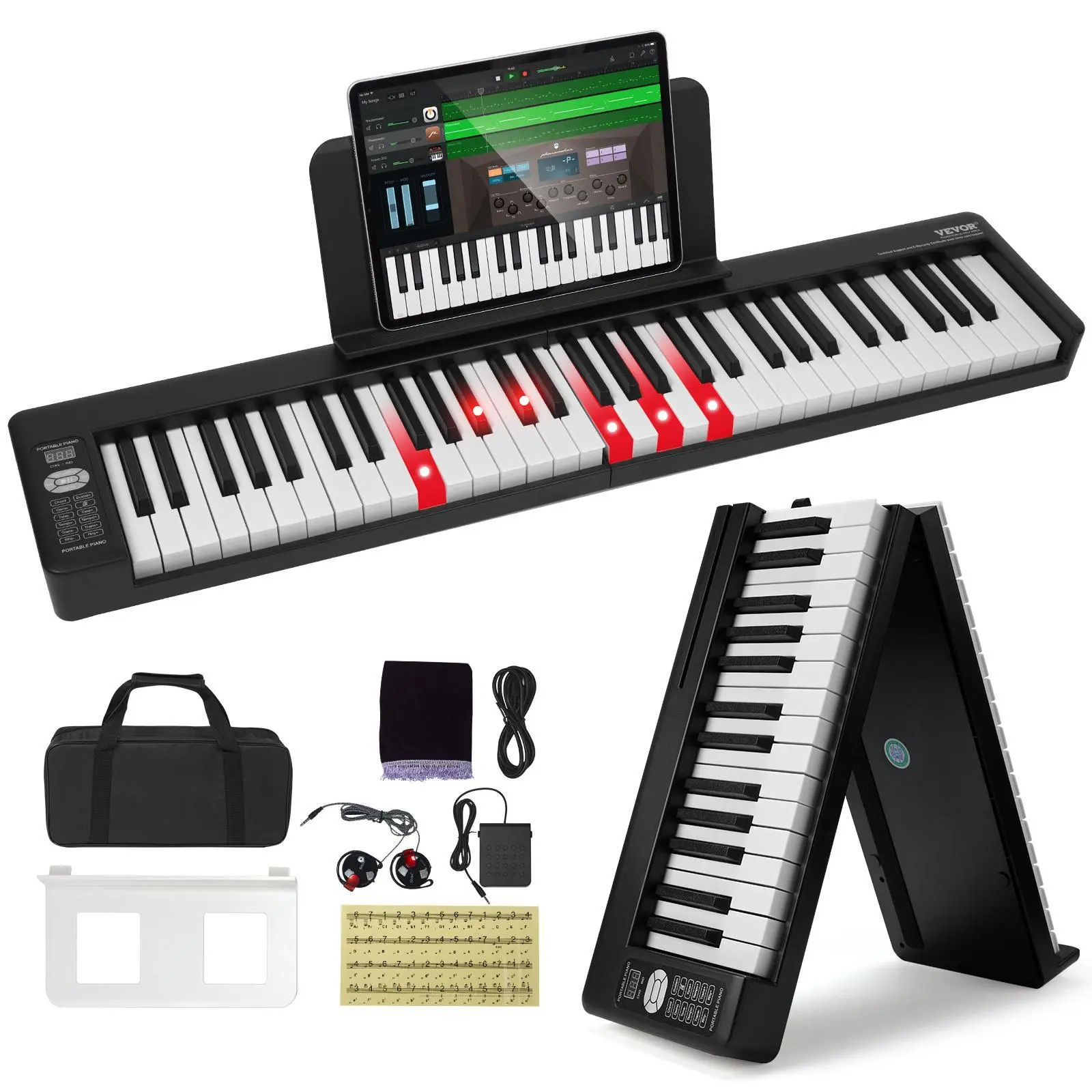 【Summerfinds】VEVOR 61 Key Black Foldable Piano, 128 Standard Tones, Bluetooth & MIDI, Touch Sensitive Illuminated Keys, Rechargeable Portable Classic Electronic Keyboard with Sustain Pedal & Bag for Beginners Adults