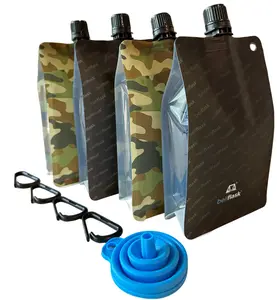 BellFlask (Pack of 4, Black & Camo)- 15 oz. Plastic Flask, Patented, Flexible, Metal-Free, Reusuable, BPA-Free with Carabiner Clip and Filling Funnel