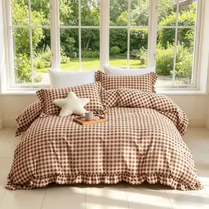 Plaid Ruffle Bedding Set, Includes 1 Duvet Cover and 2 Pillowcases, Soft Fabric, Zipper, All Seasons, No Core Included