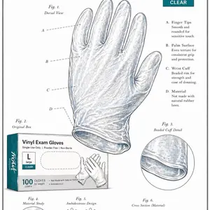 Clear Vinyl Exam Gloves - 100 Count, Large Size, Powder-Free, Non-Storable, Smooth Finger Tips, Beaded Cuff Detail