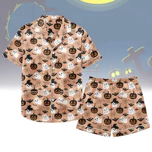 Halloween Pumpkin Ghost Satin Pajamas, Ghost Spooky Season Short Pajamas Set, Fall Sleepwear For Her, Trick Or Treat Halloween Outfit