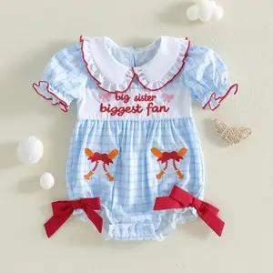 Infant Baby Girls Romper Letter Baseball Embroidery Plaid Pattern Short Sleeve Doll Collar Jumpsuit 0-18 Months