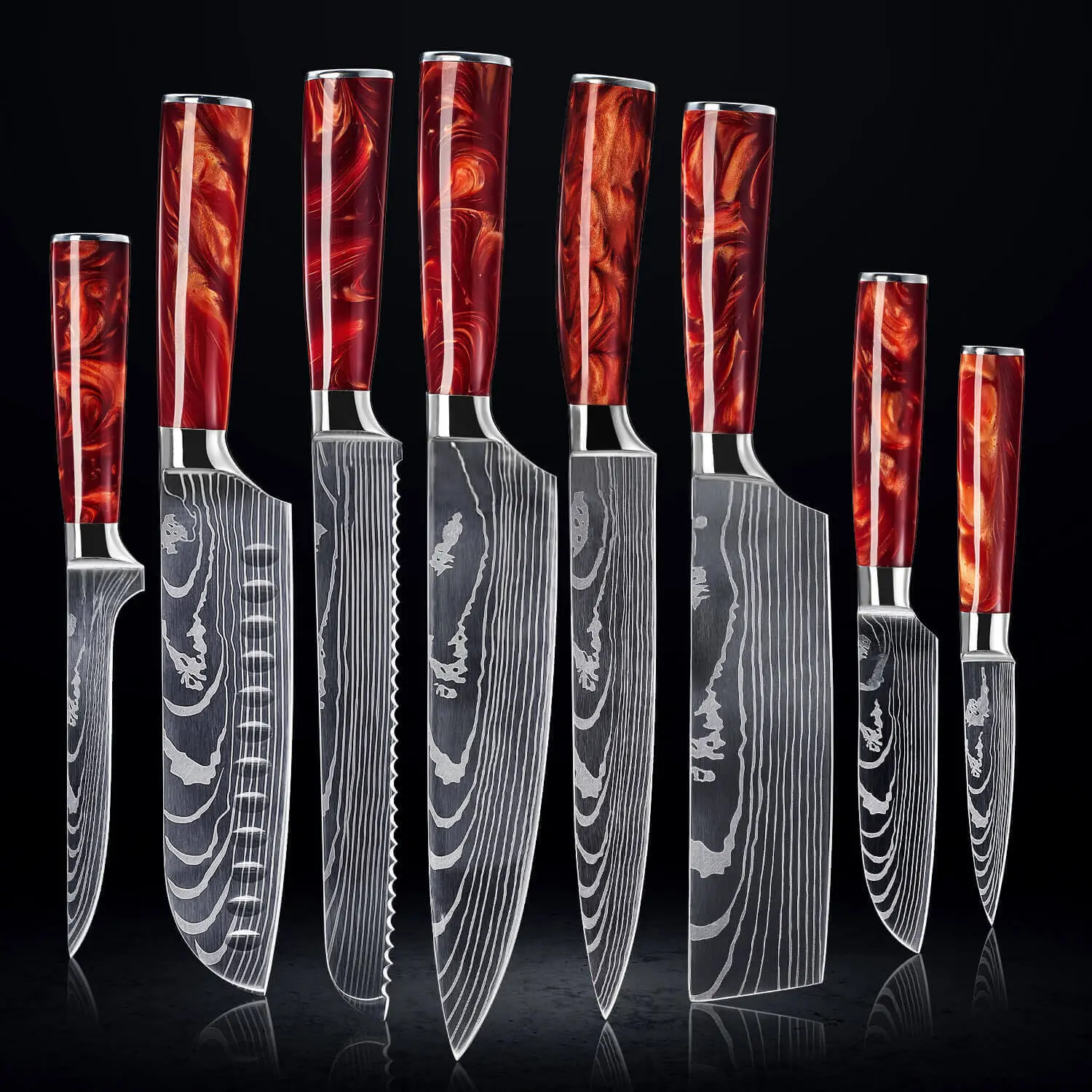 Beautifully Engraved 8-Piece Japanese Kitchen Knife Set - Chef Knife Set with Red Resin Handles - Senken Knives "Crimson" 8-Piece Kitchen Knife Collection - Senken Knives