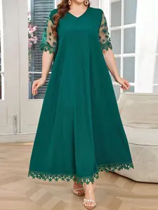 Middle East Plus Size V Neck Lace Embroidery Short Sleeve Dress, Elegant Vintage Party Gown, Loose Fit Slimming A-Line Dress, Formal Wear, Womenswear, Classy Modest Dresses