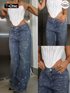 GILIPUR Women's Fashionable Mid-Rise Wide-Leg Denim Jeans, Fitted Woven Fabric, Vintage Washed Straight-Leg Jeans,Rhinestone Embellished, All-Season Fashion Pants,T-Chic