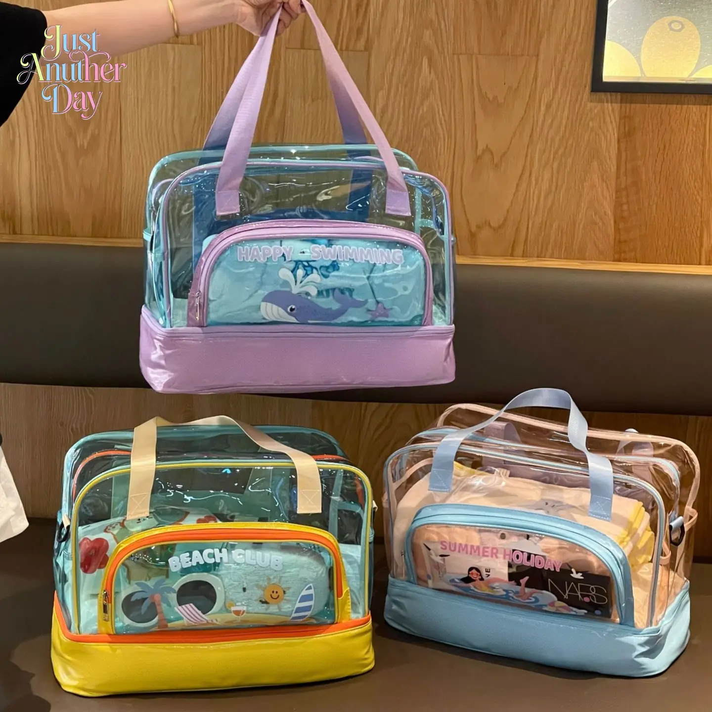 Large Capacity Waterproof Beach Tote Bag, Clear PVC Swimming Bag with Dry Wet Separation, Zippered Transparent Handbag for Pool, Gym & Summer Vacation