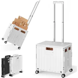 Folding Utility Cart with Lid, Portable Rolling Crate Handcart Collapsible Shopping Trolley, Durable Plastic Foldable Tool Basket with 4 Rotate Wheels for Grocery, Office, Luggage, School - White