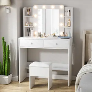 Makeup Vanity Set Chair with Lighted Mirror, 6 Open Shelves and 2 Drawers, 3 Color Lighting Bulbs, Adjustable Brightness for Bedroom