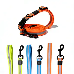 Heavy Duty Reflective Dog Leash & Collar Waterproof PVC for Ultimate Pet Safety High-Visibility Strips Sturdy Buckles S/M/L Sizes Lime Green Orange Blue freedom harness