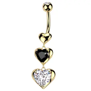 Gold PVD Triple Heart Dangle Clear And Black CZ Stainless Steel Belly Button Ring