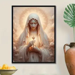 Virgin Mary Religious Wall Art - Vertical Unframed Canvas Print, Renaissance-Inspired Serene Angelic Figure with Radiant Light & Floral Backdrop, Spiritual Home Decor for Living Room, Bedroom, Prayer Space, Bedroom Artwork Halo