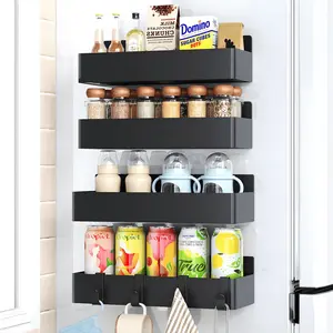 Magnetic Spice Rack for Refrigerator 4 Pack Strong Magnetic Kitchen Organizer Shelves, Space Saving Fridge Storage for Spices, Jars & Condiments, Durable Black Refrigerator Rack Set