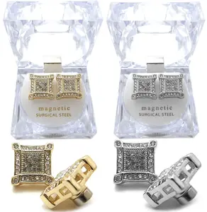 Iced Square Cubic Zirconia Rapper's Fashion Bling Magnetic Simulated Diamond Hip Hop Earring Earrings Unisex Man Women