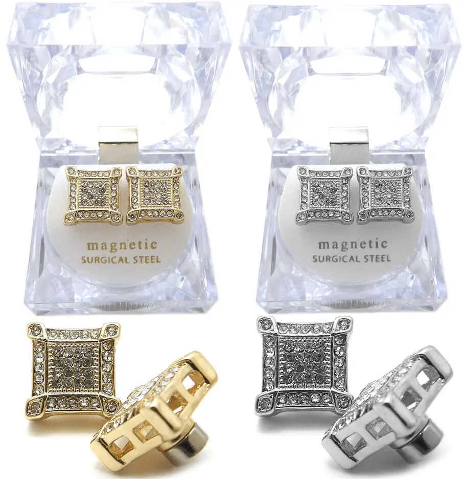 MaxBling81 Non-Piercing Magnetic Fashionable Huggie Earrings Set - 0.5" Sparkling Square Cubic Zirconia, Alloy Base, Hip-Hop Rapper-Inspired Unisex Artificial Gemstone Jewelry Accessory