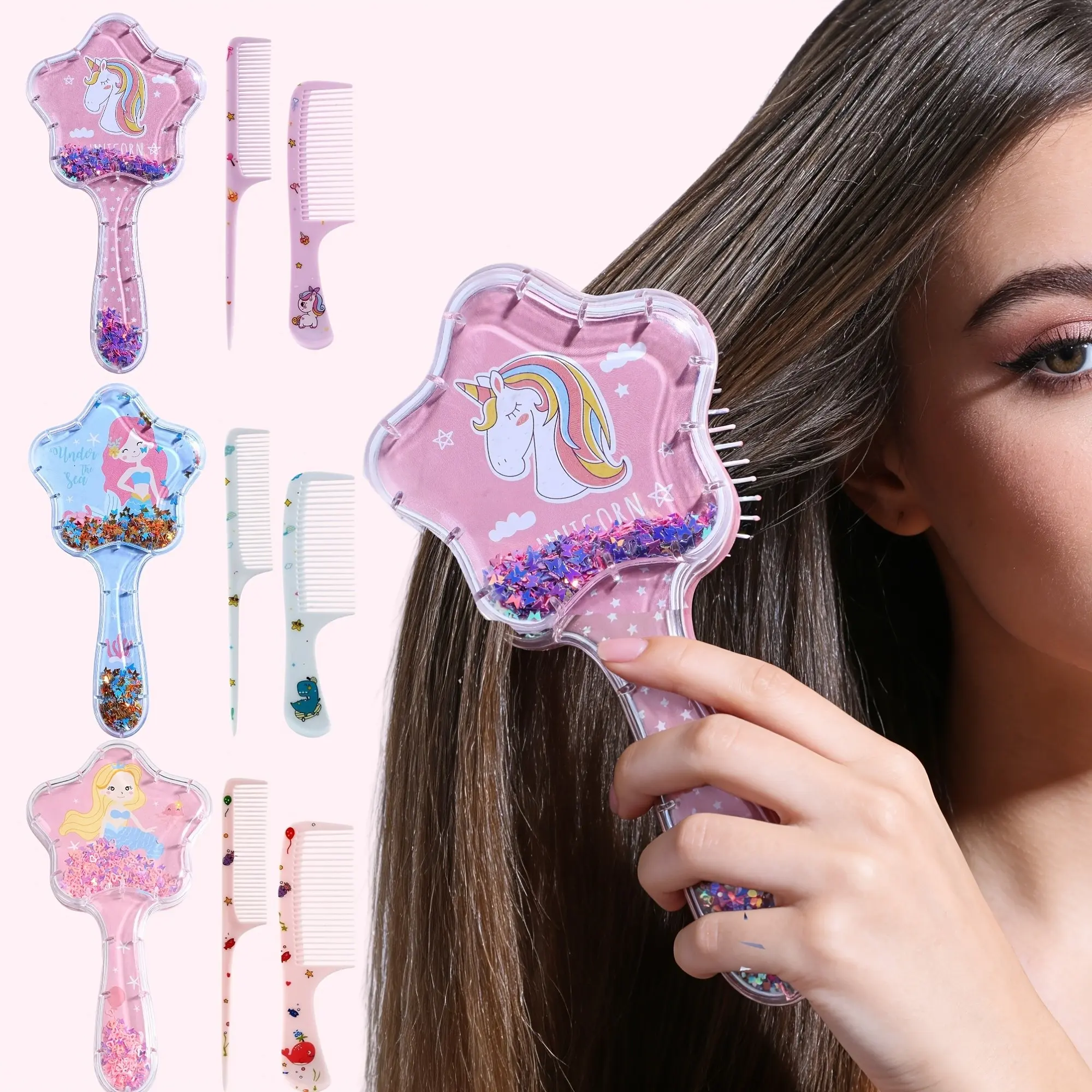 3-Piece Set Bubble Comb, Cartoon Sand Timer Comb, Glitter Foam Hair Massage Brush, Cute Hairbrush for Styling & Relaxing, Hair Styling Tools