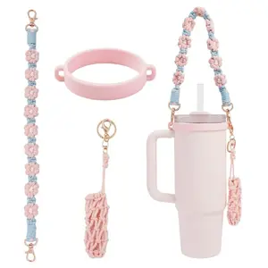 Water Bottle Handle, Soft Durable Silicone Water Bottle Lanyard, Cup Accessory Fits 8-40oz Bottles, Decorated with Floral Beads and Pom Pom