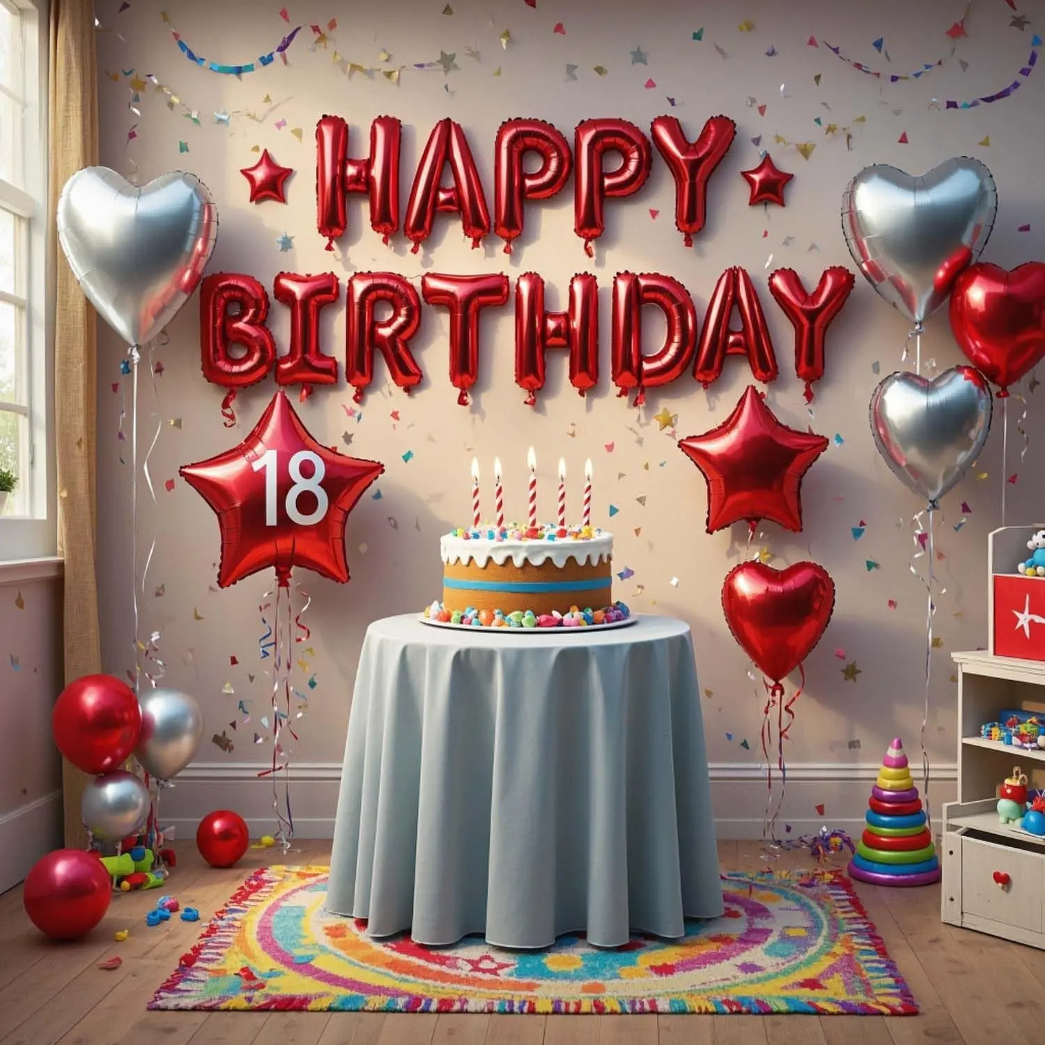 Red Silver Birthday Decorations, Red Happy Birthday Letters Balloon Banner 3D, Pentagram Heart Foil Balloons Confetti Balloons Kit For Boys Girls Party Supplies