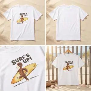 TLXT Curious George Surfing T-shirt, animal print T-shirt, cartoon T-shirt, gift T-shirt, unisex pattern T-shirt, gothic style Y2K emo scene Amity Affliction style clothing, unisex streetwear, summer style. Casual Crew Neck Casual Graphic Top