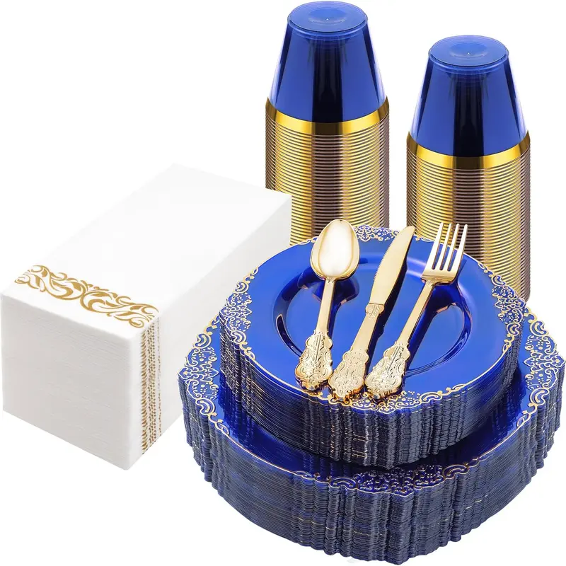 175PCS Clear Blue Plastic Plates -  Disposable Gold Plastic Plates Sets Include 25Dinner Plates, 25Dessert Plates, 25Cups, 25Forks, 25Knives, 25Spoons, 25Napkins for Weddings & Father's Day