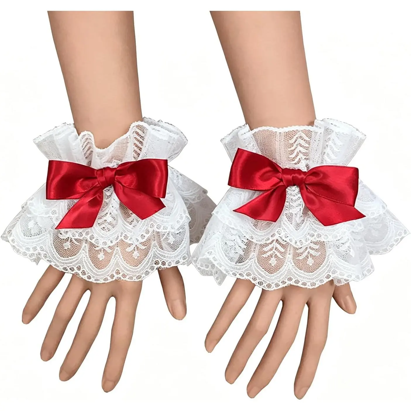 1 Pair Lolita Lace Gloves White Bow Hand Sleeve Sexy Lace Elastic Bracelet Women Ruffled Floral Lace Wrist Cuffs