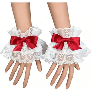 1 Pair Lolita Lace Gloves White Bow Hand Sleeve Sexy Lace Elastic Bracelet Women Ruffled Floral Lace Wrist Cuffs
