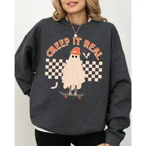 Creep It Real, Retro Ghost, Skeleton, Funny, Spooky, Witch, Aesthetic, Meme, Halloween, Costume Sweatshirt