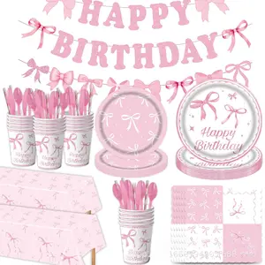 Pink Bow Tableware Set - Disposable Plates Cups with Lace Accents for Bridal Showers, Garden Parties & Baby Showers, Instant Elegant Table Setting - Tea Party Essentials