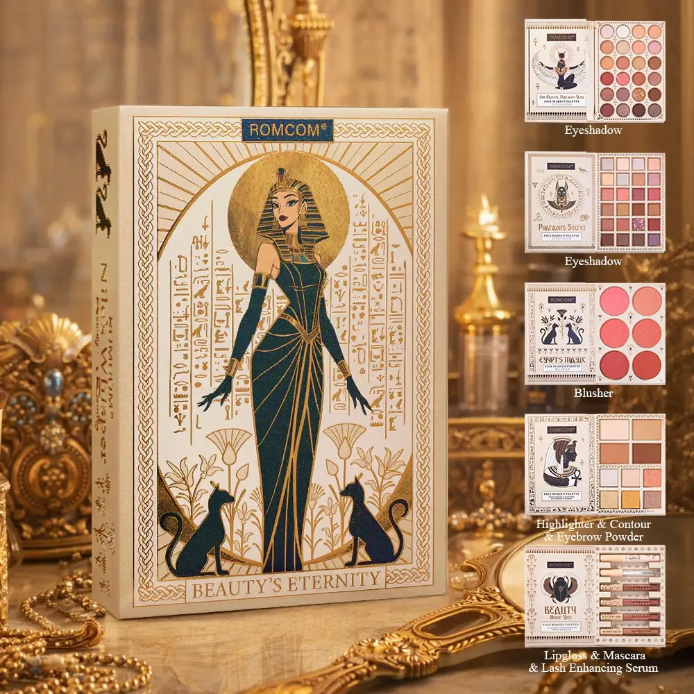 Premium Egyptian Style Beauty Bundle Kit, Beauty Essentials, Complete Full Face Makeup Set with Eyeshadow Palette, Blush, Highlight Contour, Brow Powder, Lip Gloss & Mascara, Cleopatra Themed Cosmetic Gift Box, Facial Makeup Set