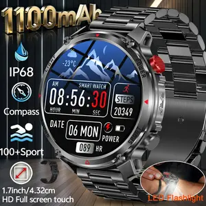 Men's Outdoor Smartwatch with 1100mah Battery, Wireless Calling, Compass, LED Flashlight, 100+ Sports Modes, Dust-Proof, Waterproof