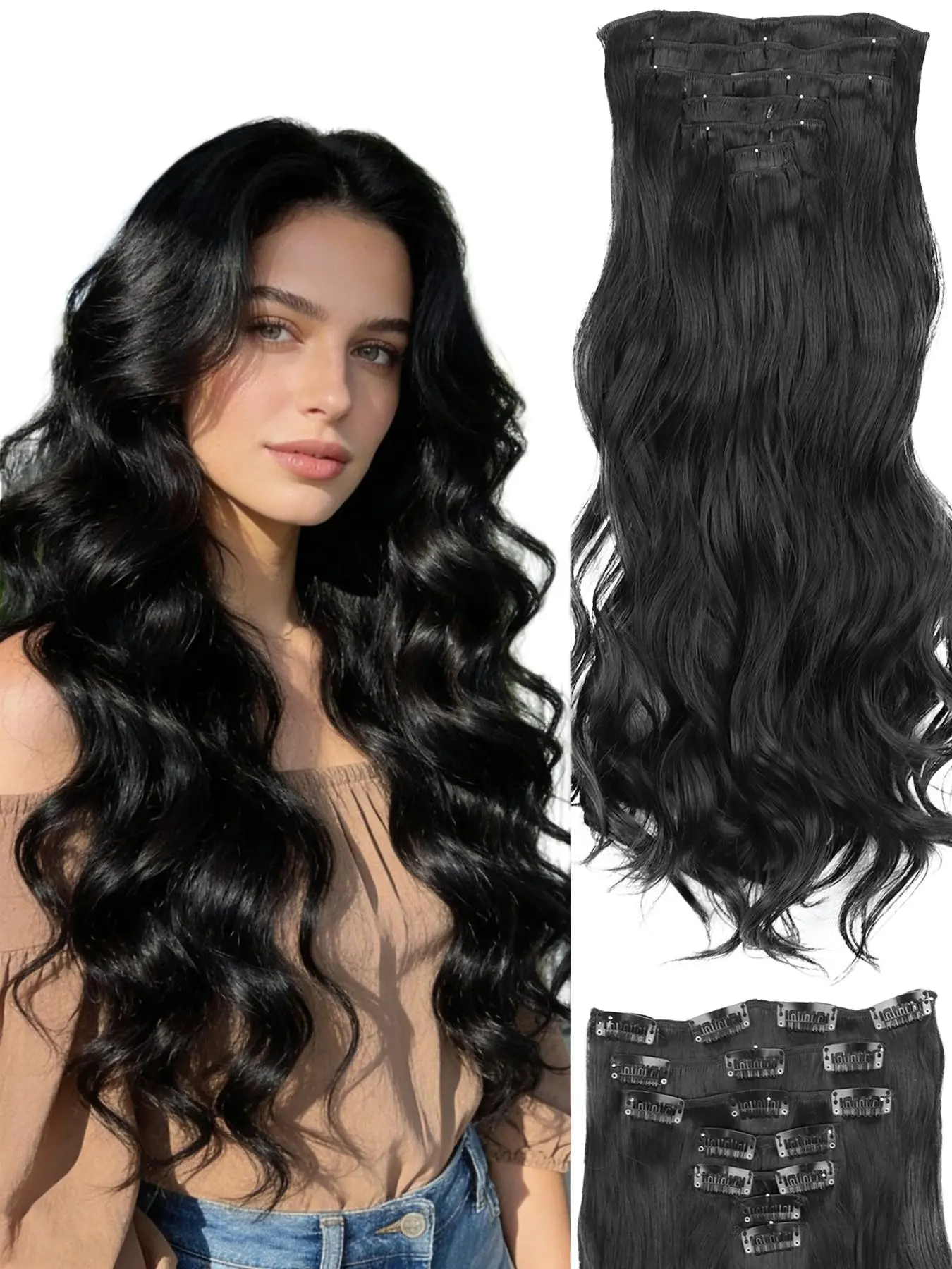 7pcs Hair Extensions 24 Inch Wavy Synthetic Hair Clip Ins Natural Black Multi Style Party Hair Clips Clip in Hair Extensions Long Wavy Hairpiece Full Head Synthetic Fiber Women Hairpiece Wavy Synthetic Hairpieces Loose Wavy Wave