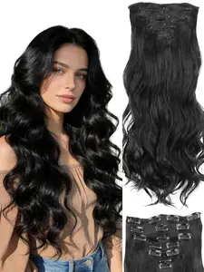 7pcs Hair Extensions 24 Inch Wavy Synthetic Hair Clip Ins Natural Black Multi Style Party Hair Clips Clip in Hair Extensions Long Wavy Hairpiece Full Head Synthetic Fiber Women Hairpiece
