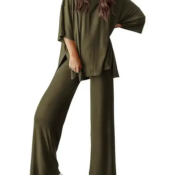 JointlyCreating Women's Stylish Casual Pajama Set - Loose Crew Neck Short Sleeve Top & Wide Leg Pants with Side Pockets for Comfort and Style
