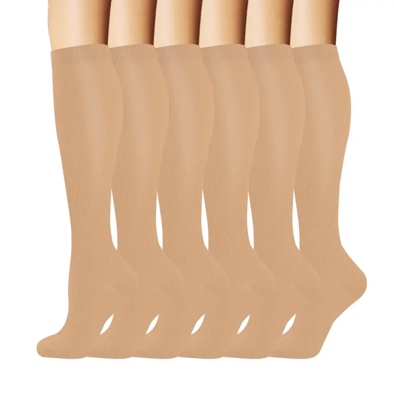 MhzyCaus   6 Pack Beige Compression Socks for Women, Knee High Calf Support Socks, Lightweight Breathable Athletic Socks for Running, Travel, Office & Daily Comfort
