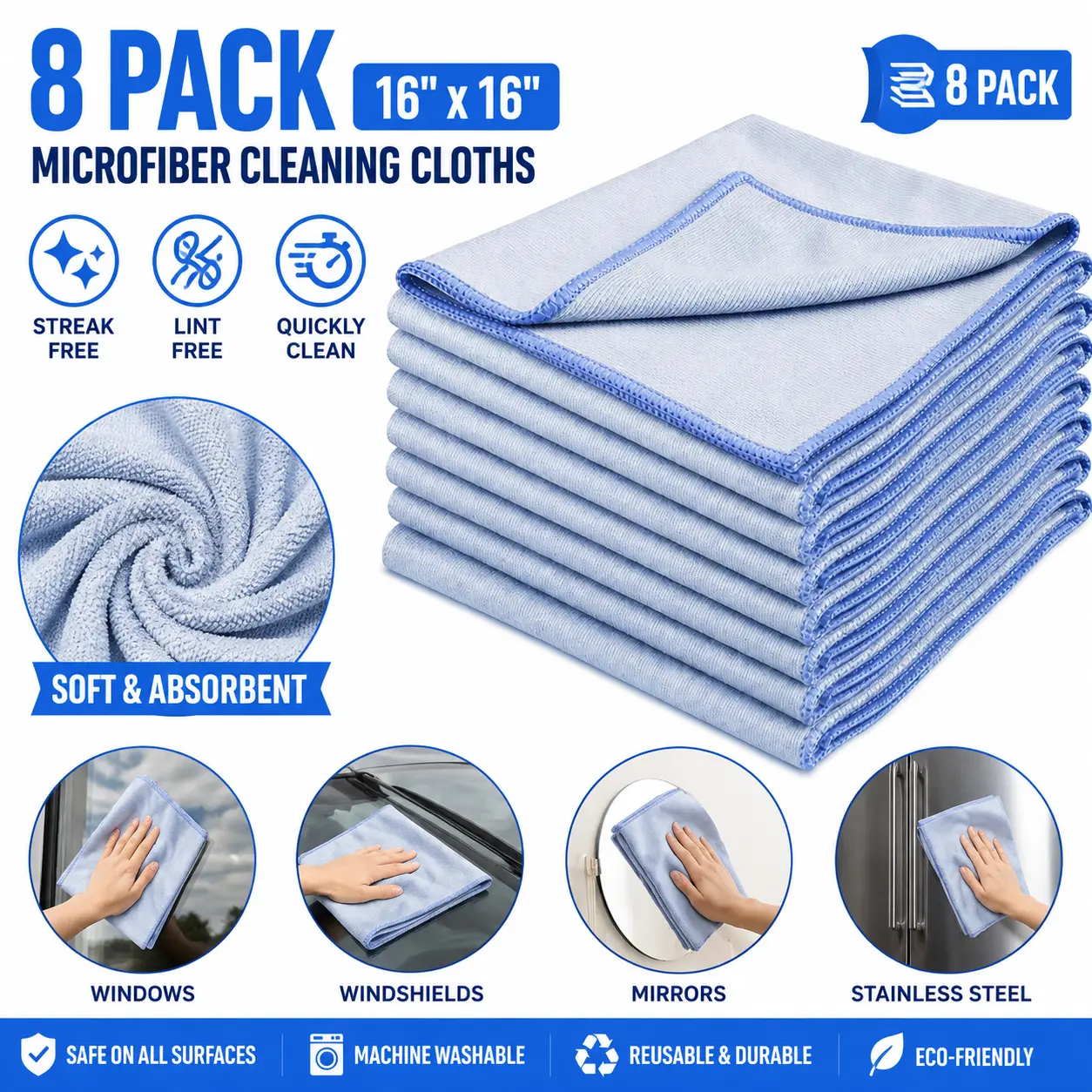 8 Pack 16×16" Lint-Free Streak-Free Microfiber Cleaning Cloths – 300 GSM Glass & Stainless Wipes for Windows, Windshields, Mirrors, Quick-Dry Reusable Towels (Assorted/Grey)