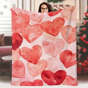 1pc Extra Large Heart Pattern Flannel Blanket - Soft Pink & Red Hearts, Plush Bedspread for Couch, Bed, Camping - Valentine's Day, Anniversary, Housewarming Gift - 60x80 Inch Cozy Throw in Red, Pink, White, Beige Tones - Multipurpose for Living