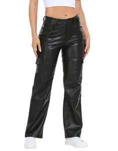 HDE Women's Faux Leather Cargo Pants with Pockets High Waisted Y2K Relaxed Pant -7 Functional Pockets Womenswear Bottom Trouser cargo pants women
