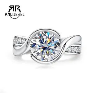 AnuJewel 3CT Round Cut Moissanite Engagement Ring D Color VVS1 925 Silver Solitaire Twisted Bezel Anniversary Wedding Promise Ring for Women with Certificate
