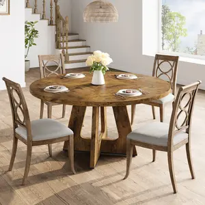 47 Inch Round Dining Table for 4-6, Farmhouse Pedestal Base Kitchen Table with Wooden Top, Circle Dinner Table Sets for Dining Room & Kitchen（Chairs Not Included）