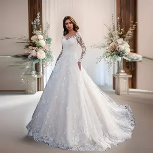 Women's white dress, lace embroidered evening gown, nine-quarter sleeves, off-the-shoulder, bridal wedding dress, long skirt