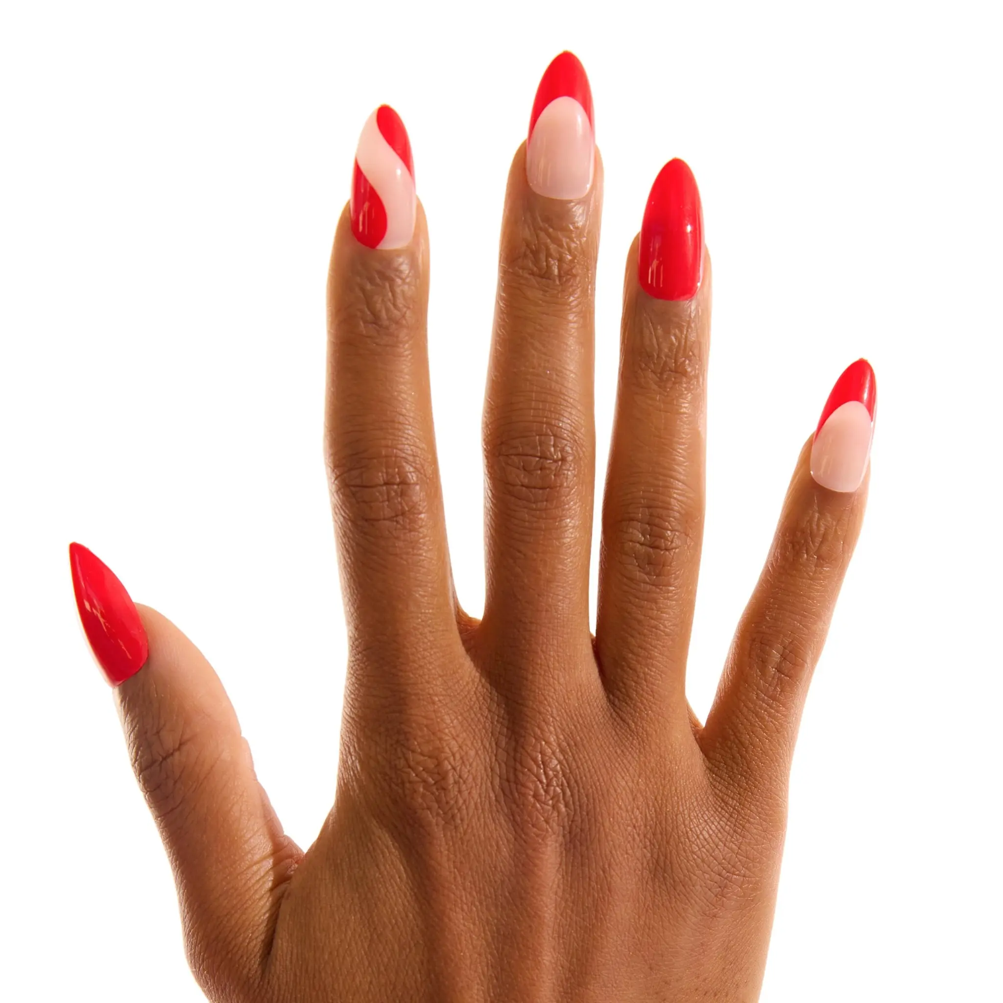 Scarlet Swirl Press-On Nails - Glossy Finish, Abstract Swirls, Deep Red & Blush Duo, Almond Shape, Complete Kit for Manicure