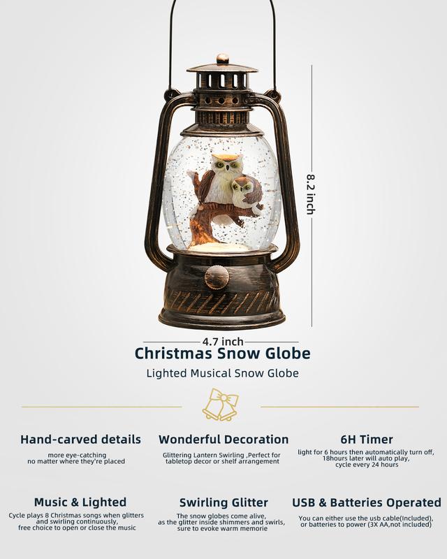 Snow Globe Christmas Decorations - Musical Christmas Snow Globes with 6H Timer,Owls Family Scene Snow Globes Lantern USB or Battery Powered,Christmas Decorations Decor for Home