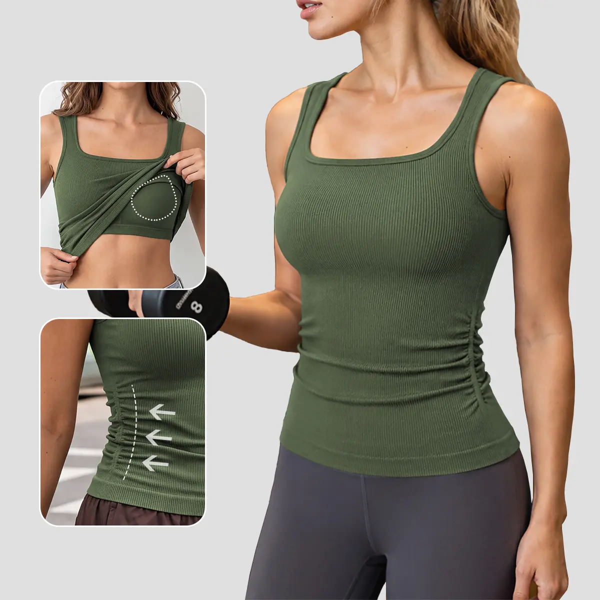 ATTRACO Ribflex Women's Seamless Square Neck Tank Top with Built-in Bra & Removable Pads | Ruched Waist Ribbed Slimming Top, Full Back Coverage Cardigans Chic