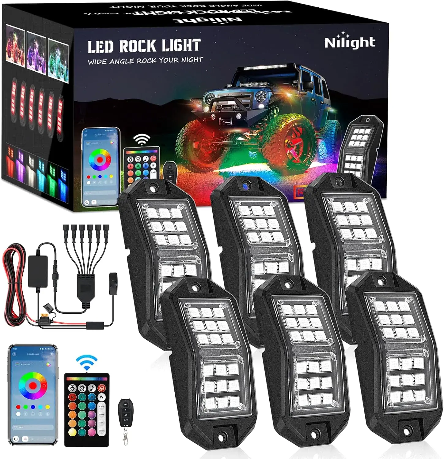 Nilight RGB LED Rock Lights Kit 6 PCS 18LED Wide Angle Wheel Well Light with Remote & Bluetooth App Dual Control Multi Modes Underglow Multicolor Neon Pod for ATV UTV SUV Offroad Truck RZR Boat Lighting Accessories  dealsforyoudays, Car Led Light, Led Amb
