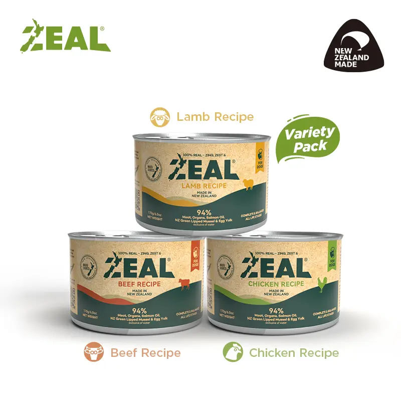 ZEAL Natural Dog Wet Food | 94% High Meat Content | Balanced Nutrition & Superfoods | 3 Cans| Beef Recipe & Chicken Recipe & Lamb Recipe, Variety Pack